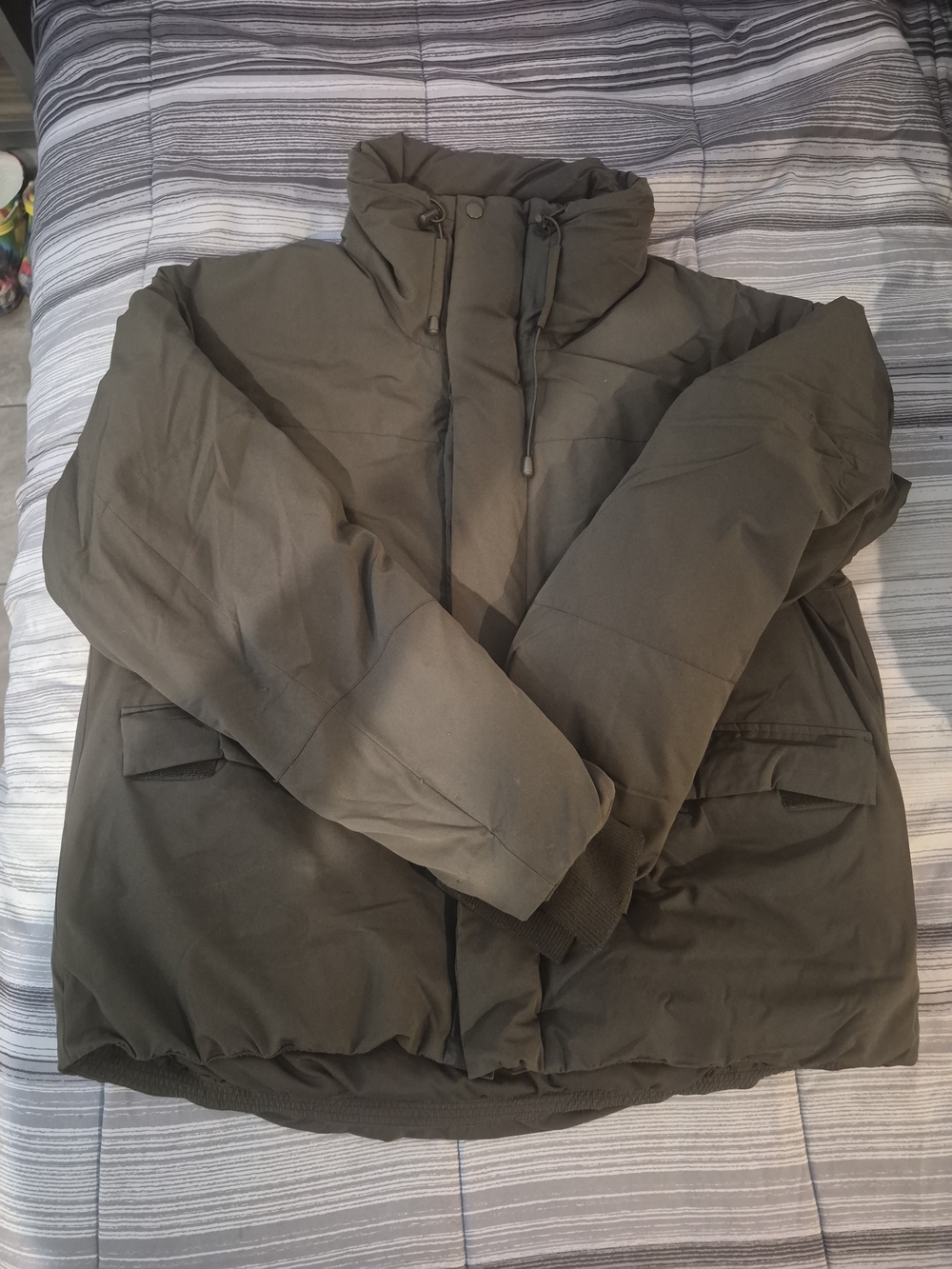 Zara Olive Puffer Jacket with High Collar